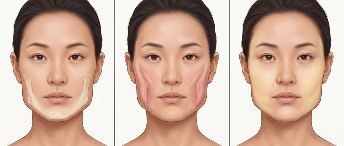 Three frontal illustrations of the same woman with a square jaw. Translucent colors highlight a broadly developed lower jawbone on the left, thick chewing muscles at the sides of the jaw in the center, and fat on the cheeks and under the chin on the right.