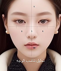 رسم توضيحي لتحليل نسب الوجه يوضح النسب الأفقية والعمودية والقياسات بخطوط إرشادية على وجه امرأة أمامي لتحليل جراحة تجميل العيون بدقة