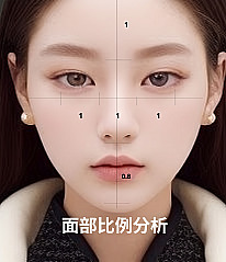 为进行眼部整形精密分析，在女性正脸标示横纵比例及数值参考线的面部比例分析图解