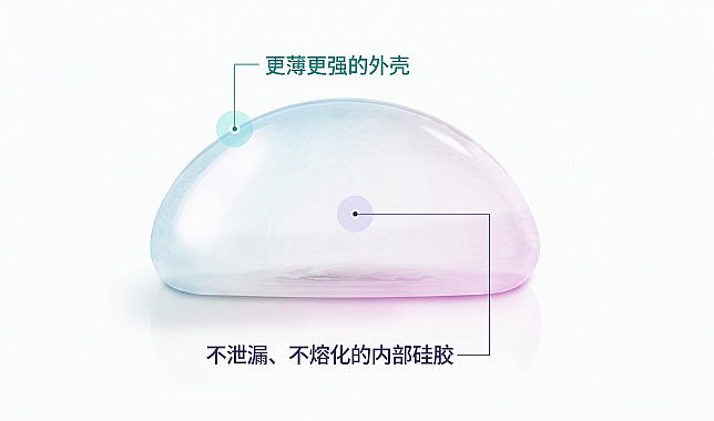 说明隆胸手术中所用假体变薄且加固的外膜，以及不渗漏、不融化的内部硅胶结构的图解