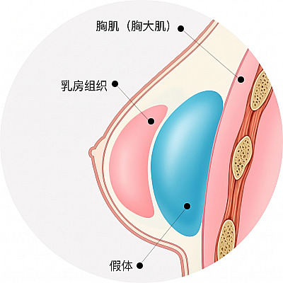 隆胸时假体位于乳腺组织下方、胸大肌上方的筋膜下或乳腺下植入截面结构图解