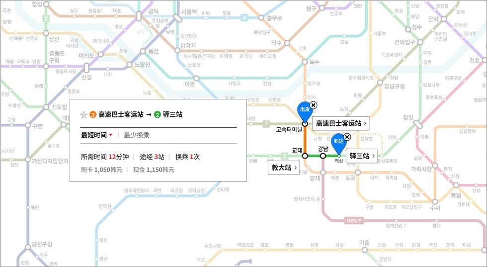 APEX整形外科来院路线，从高速巴士客运站经教大站换乘至2号线驿三站的地铁线路指南图
