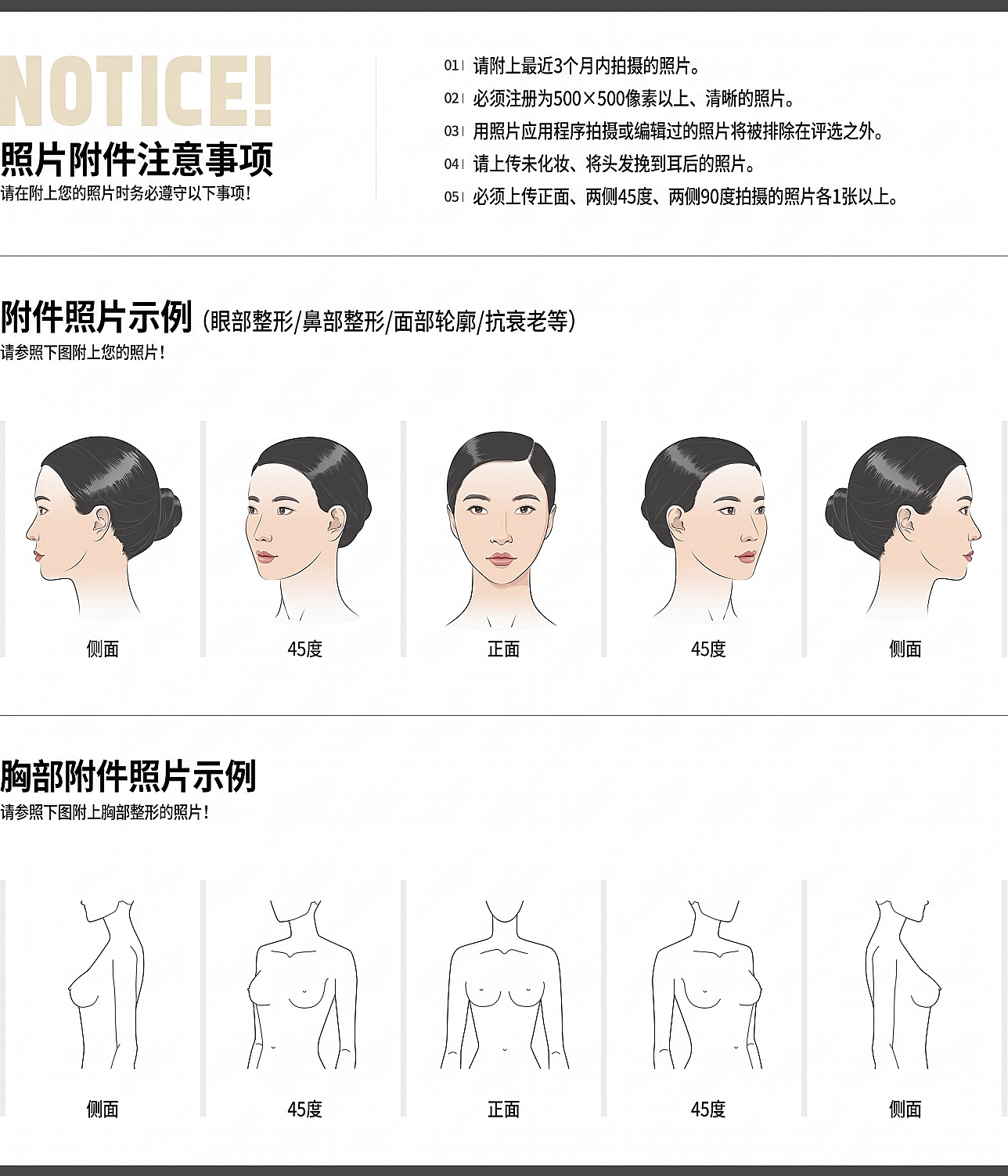真人模特招募申请时添加照片的注意事项，以及面部与胸部侧面、45度、正面的拍摄角度示例指南