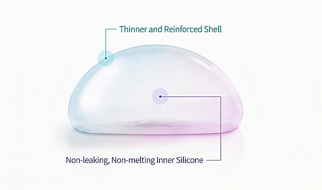 Diagram explaining the thin yet reinforced shell and leak-proof, cohesive internal silicone structure of implants used in Breast Augmentation