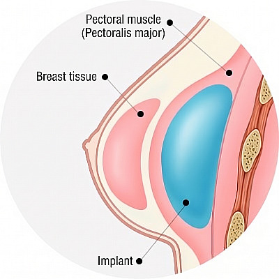 Cross-sectional anatomical diagram of the breast showing the structure of an implant placed under the pectoralis major muscle during Breast Augmentation