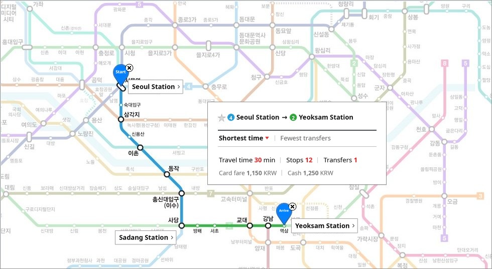 Metropolitan subway route guide showing travel time and transfer details from Seoul Station via Sadang Station to Yeoksam Station, where APEX Plastic Surgery is located