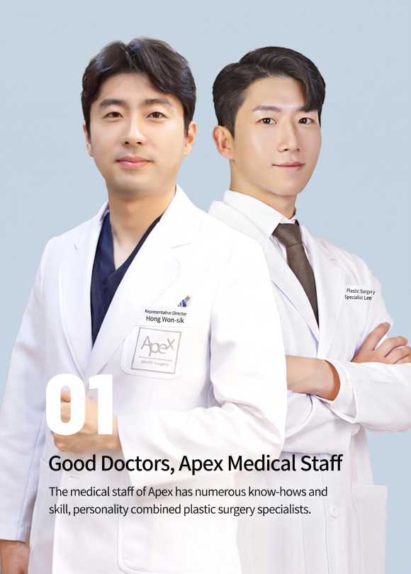 Two APEX Plastic Surgery Medical Team members in white doctor coats with text reading Good Doctors, APEX Medical Team