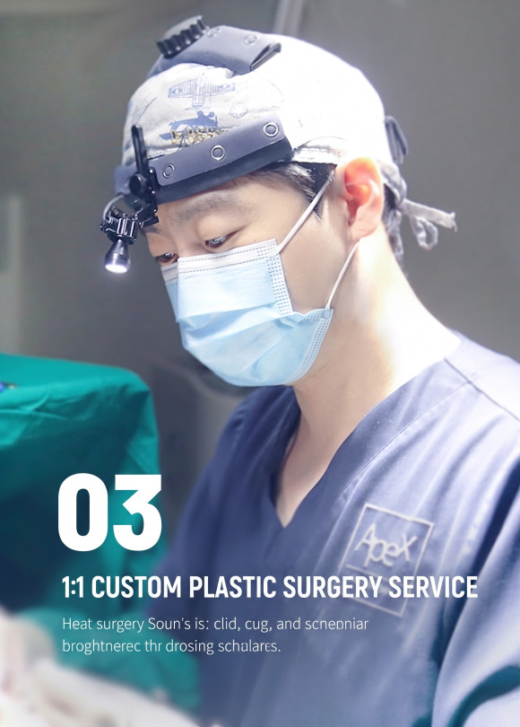 Medical team focused on plastic surgery wearing headlight and mask with text introducing 1:1 customized plastic surgery services