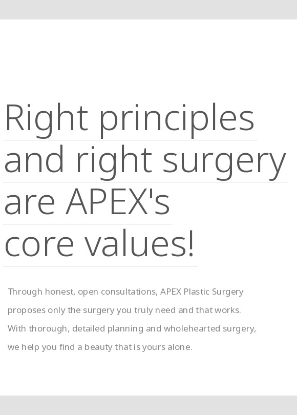 APEX Plastic Surgery introduction banner featuring genuine consultation and customized surgical philosophy with the text Upright beliefs and upright plastic surgery are the core values of APEX