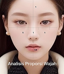 Diagram analisis proporsi wajah yang menunjukkan rasio vertikal dan horizontal dengan garis panduan pada wajah wanita dari depan untuk analisis presisi Operasi Mata