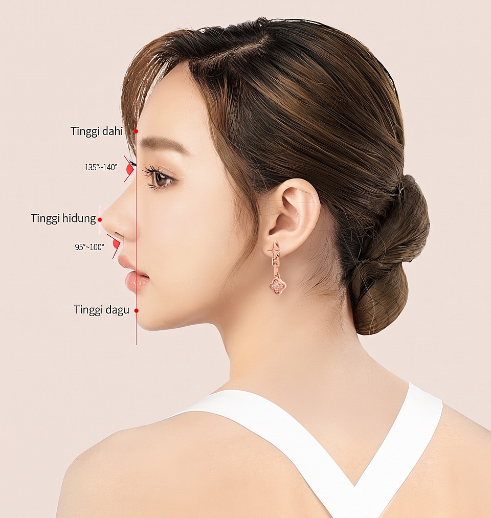 Diagram analisis rasio samping Operasi Hidung Rendah yang menandai garis acuan tinggi dahi, tinggi hidung, tinggi dagu, dan sudut pada profil wajah wanita