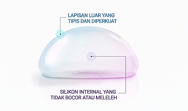 Diagram penjelasan struktur implan augmentasi payudara dengan lapisan luar tipis namun kuat serta silikon internal yang tidak bocor atau meleleh
