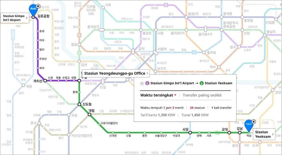 Petunjuk rute kereta bawah tanah menuju APEX Plastic Surgery, rute tercepat berangkat dari Stasiun Bandara Gimpo Jalur 5, transit ke Jalur 2 di Stasiun Yeongdeungpo-gu Office, dan tiba di Stasiun Yeoksam