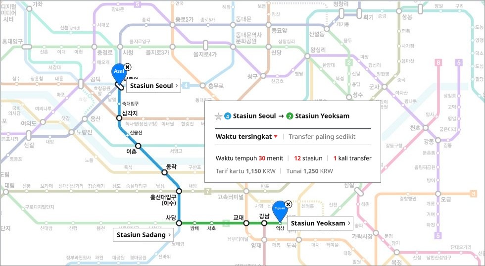 Panduan rute peta kereta bawah tanah metropolitan yang menginformasikan waktu tempuh dan transit dari Stasiun Seoul ke Stasiun Yeoksam, lokasi APEX Plastic Surgery, melalui transfer di Stasiun Sadang