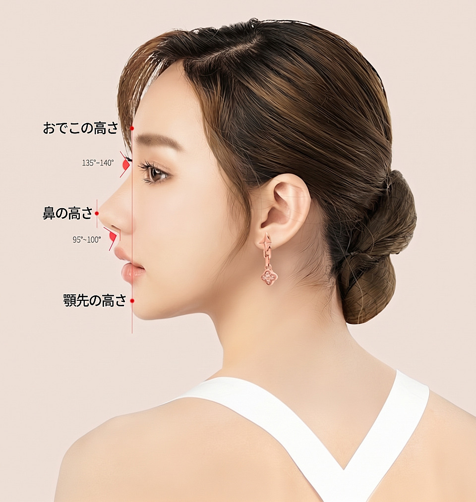 女性の横顔に額の高さ、鼻の高さ、顎先の高さと角度の基準線を表示した低い鼻・鼻整形の横顔比率分析図