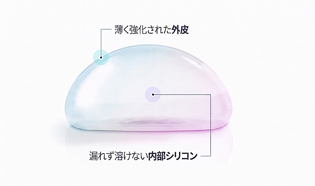 豊胸手術に使用されるプロテーゼの薄く強化された外膜と、漏れたり溶けたりしない内部シリコン構造を説明する図解