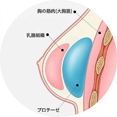 豊胸時にプロテーゼが乳腺組織の下かつ大胸筋の上に位置する筋膜下または乳腺下挿入を示した断面構造図
