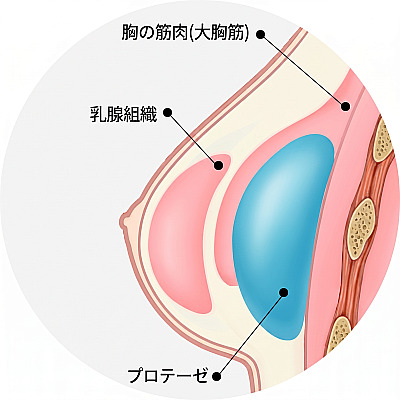 豊胸手術時に大胸筋と乳腺組織の下に配置されるプロテーゼの構造を示した解剖学的断面図解