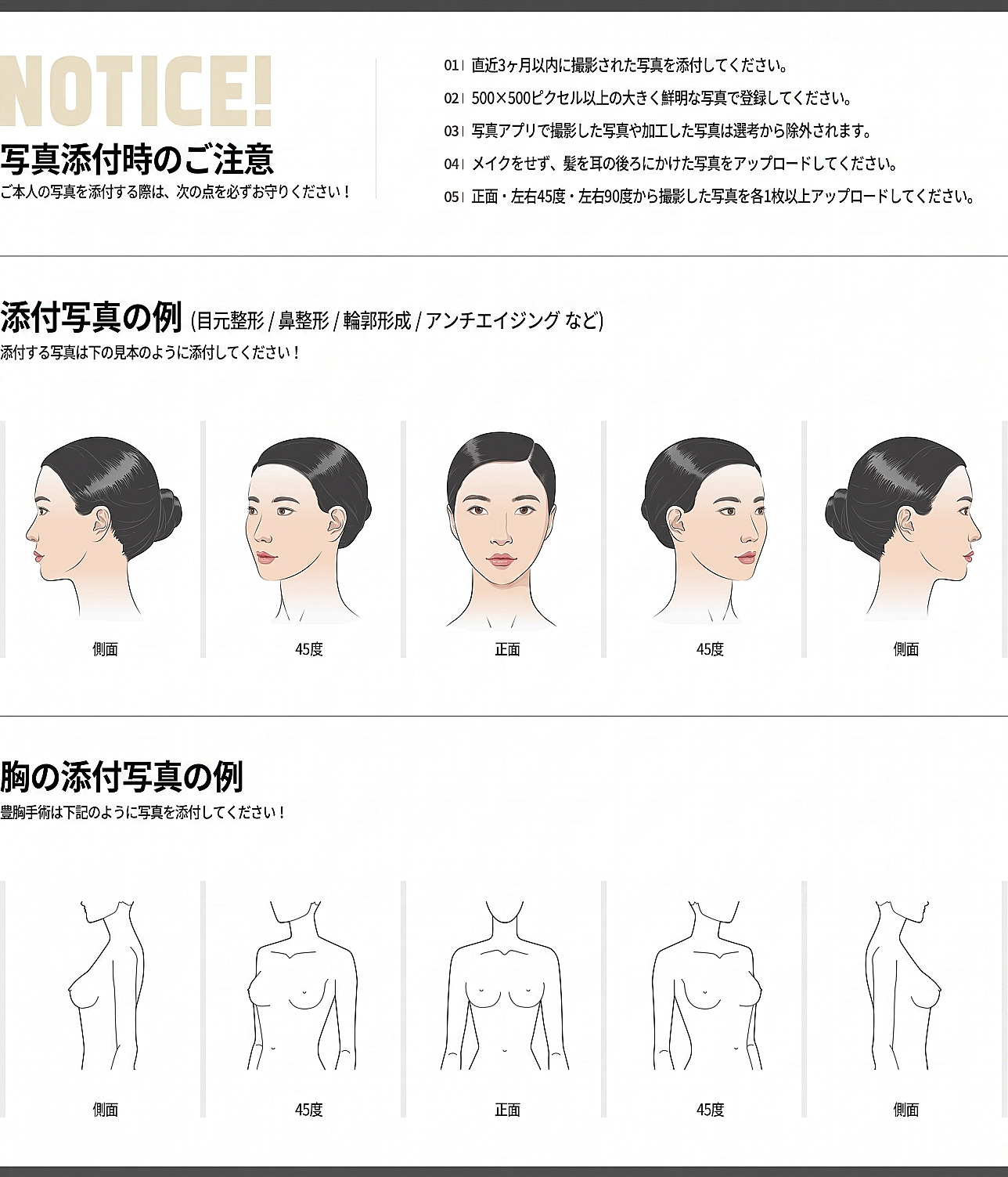 リアルモデル応募のための写真添付時の注意事項と顔および胸の部位別側面、45度、正面の撮影角度の例示案内