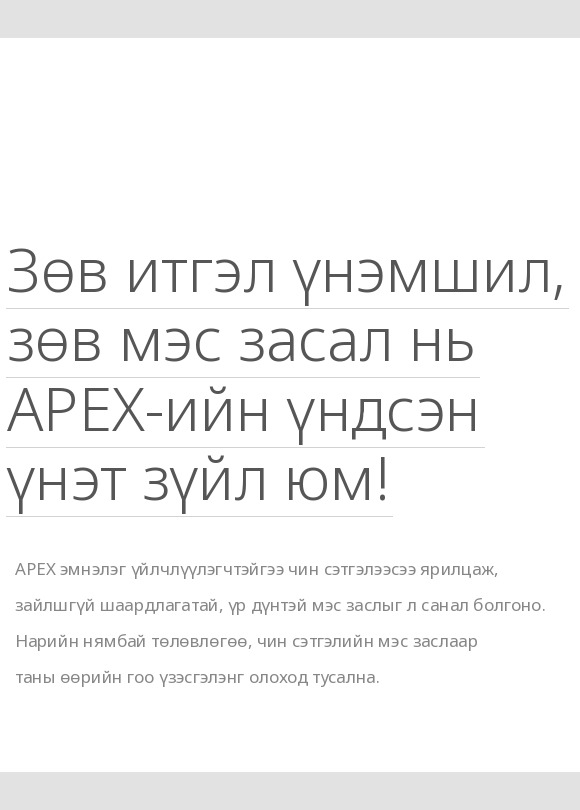 Зөв итгэл үнэмшил ба зөв гоо сайхны мэс засал бол APEX-ийн үндсэн үнэт зүйл гэсэн уриа болон үнэнч зөвлөгөө, тохирсон мэс заслын зарчмыг танилцуулсан APEX гоо сайхны мэс заслын эмнэлэг танилцуулгын баннер