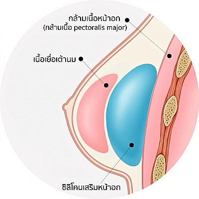 ภาพตัดขวางแสดงตำแหน่งการวางซิลิโคนเสริมหน้าอกใต้เนื้อเยื่อเต้านมและอยู่เหนือกล้ามเนื้อหน้าอก (Pectoralis major) แบบใต้พังผืดหรือใต้ต่อมน้ำนม