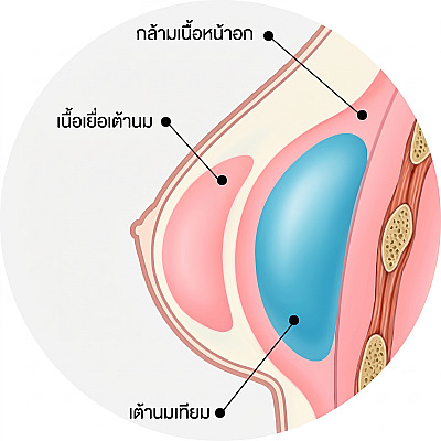 ภาพตัดขวางทางกายวิภาคของเต้านม แสดงตำแหน่งซิลิโคนใต้กล้ามเนื้อหน้าอกใหญ่สำหรับการเสริมหน้าอก