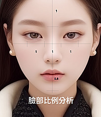 眼部整形精密分析圖解，於女性正面臉部以格線與數值標註長寬比例