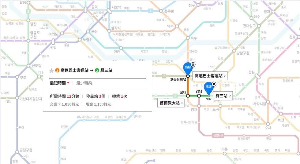 APEX 整形外科交通指引：從高速巴士客運站經教大站轉乘，前往2號線驛三站的地鐵路線指引圖