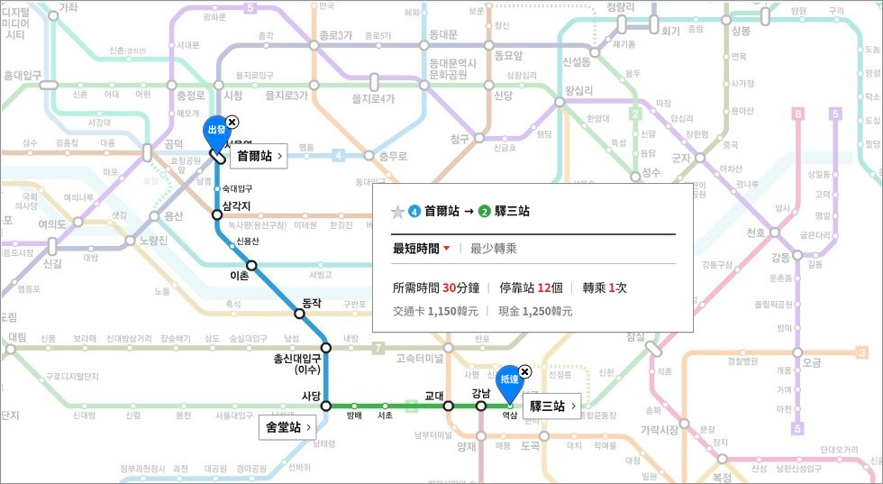 說明從首爾站經舍堂站轉乘至 APEX 整形外科所在的驛三站所需時間與轉乘資訊之首都圈地鐵路線指引