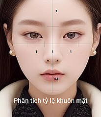 Sơ đồ phân tích tỷ lệ khuôn mặt hiển thị các đường tỷ lệ ngang dọc và chỉ số trên khuôn mặt nữ chính diện để phân tích phẫu thuật thẩm mỹ mắt chính xác