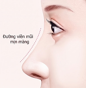 Hình minh họa góc nghiêng khuôn mặt nữ giới với đường nét đứt biểu thị đường sống mũi thẳng mượt mà sau phẫu thuật mũi gồ và dòng chữ đường nét mũi mượt mà