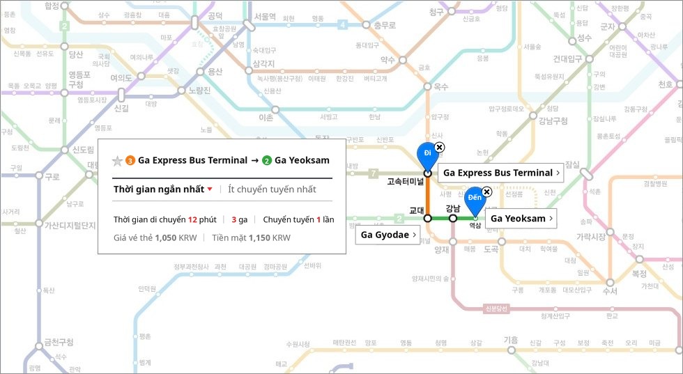 Chỉ đường đến Thẩm mỹ viện APEX, sơ đồ tuyến tàu điện ngầm từ ga Express Bus Terminal chuyển tuyến tại ga Seoul Nat'l Univ. of Education đến ga Yeoksam tuyến số 2
