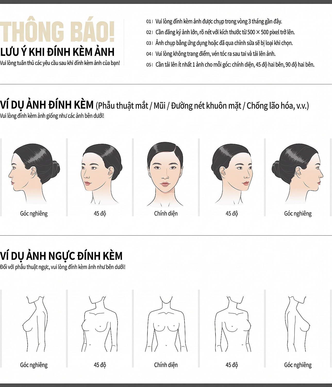 Hướng dẫn các góc chụp mẫu chính diện, 45 độ, góc nghiêng cho vùng mặt và ngực cùng lưu ý khi đính kèm ảnh đăng ký người mẫu trải nghiệm