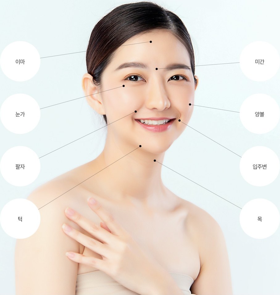 레이저리프팅 시술 부위인 이마, 미간, 눈가, 양볼, 팔자, 입주변, 턱, 목이 지시선으로 표시된 여성 모델