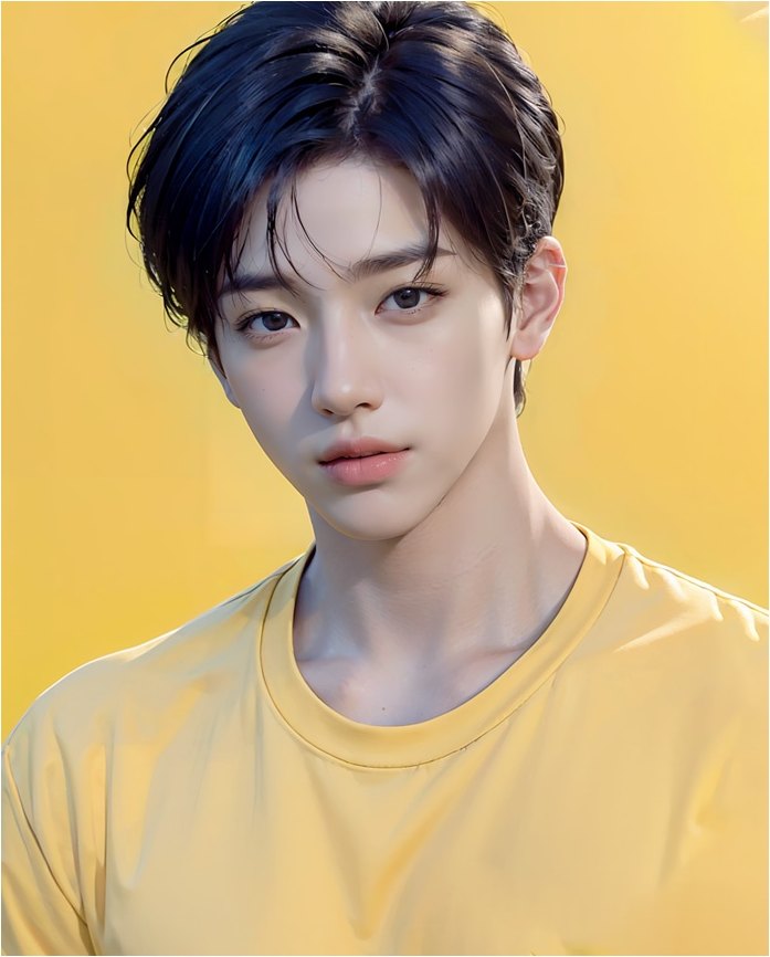 노란색 배경 앞에서 자연스럽고 또렷한 눈매를 보여주는 남자 눈성형 모델의 상반신 모습