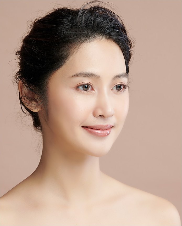 Cận cảnh người mẫu nữ buộc tóc gọn gàng, mỉm cười nhẹ nhàng với ánh mắt trong trẻo trên trang thông tin nâng cung mày trên