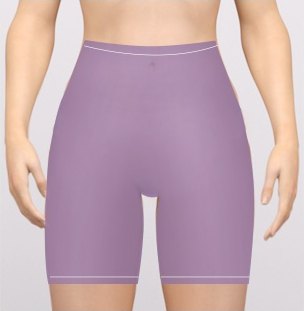 지방흡입 수술 후 복부와 허벅지 라인을 감싸주는 보라색 압박복을 착용한 여성 신체 3D 도해