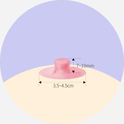 유두 및 유륜 성형을 위한 이상적인 비율을 나타낸 도해로, 유두 높이 7~10mm와 유륜 직경 3.5~4.5cm 수치 안내