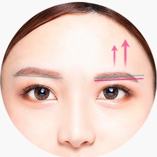 이마거상술 설명용 도해로, 비대칭인 한쪽 눈썹의 위치를 위로 올려 맞추는 화살표와 가이드선이 표시된 여성 얼굴