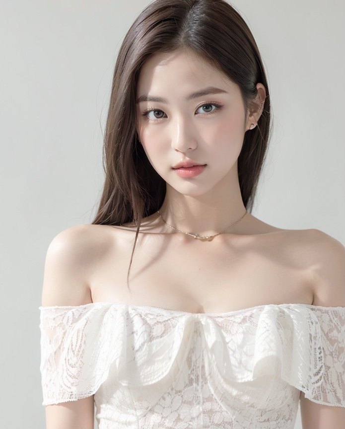 눈매교정 클리닉 소개를 위한 오프숄더 레이스 의상을 입고 정면을 응시하는 여성 모델