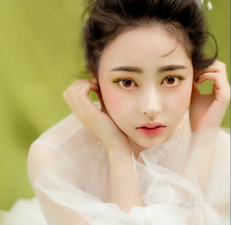 연두색 배경에서 흰색 시스루 의상을 입고 턱을 괸 채 또렷하고 맑은 눈매를 드러낸 여성 모델의 눈매교정 클로즈업