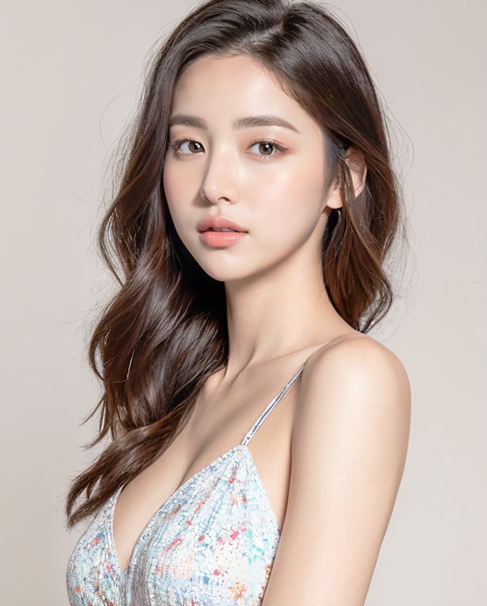 베이지 배경 앞에서 또렷한 이목구비와 콧대를 드러내며 정면을 응시하는 여성 무보형물 코성형 모델