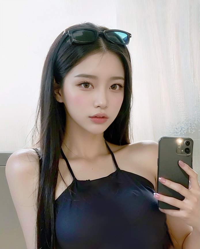 머리에 선글라스를 얹고 스마트폰으로 거울 셀카를 찍고 있는 또렷한 눈매의 여성 모델 모습