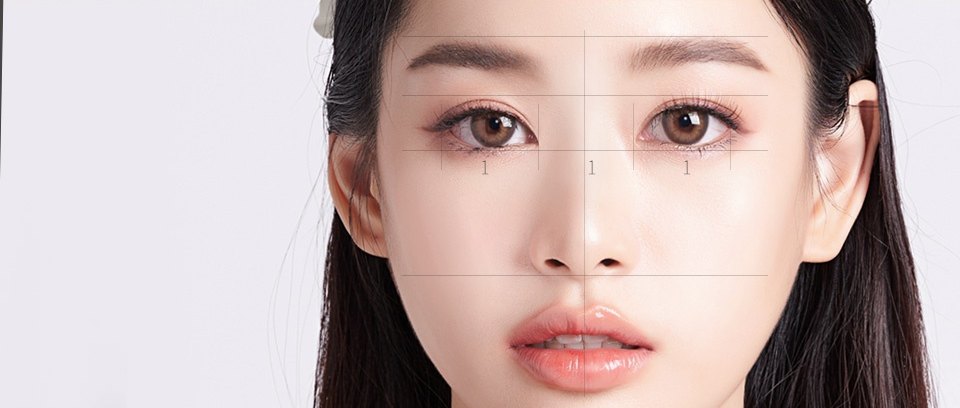 ภาพใบหน้าตรงของนางแบบพร้อมเส้นตารางวัดสัดส่วนดวงตาซ้อนทับอยู่