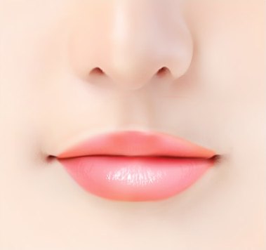 입술성형 수술 전 상태를 나타낸 굴곡이 적고 일자에 가까운 분홍빛 입술과 인중 부위 클로즈업 일러스트