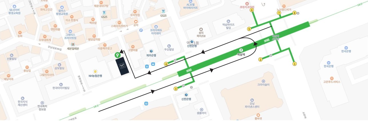 แผนที่นำทางจากรถไฟใต้ดินสาย 2 สถานี Yeoksam ทางออก 4 ไปยังอาคารและลานจอดรถของ APEX Plastic Surgery