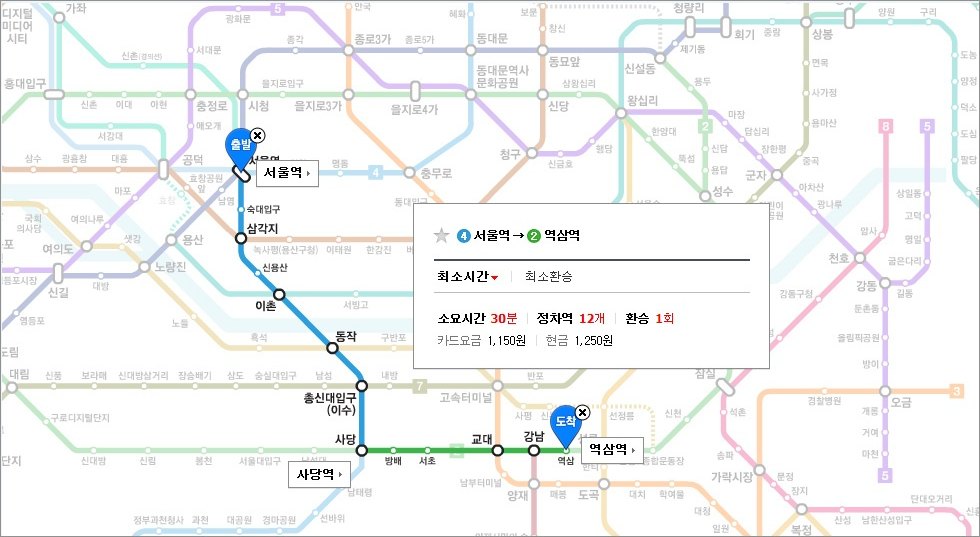 แผนที่เส้นทางรถไฟใต้ดินเขตเมืองหลวงแสดงข้อมูลการเปลี่ยนสายและเวลาเดินทาง จากสถานี Seoul เปลี่ยนสายที่สถานี Sadang ไปยังสถานี Yeoksam ซึ่งเป็นที่ตั้งของ APEX Plastic Surgery