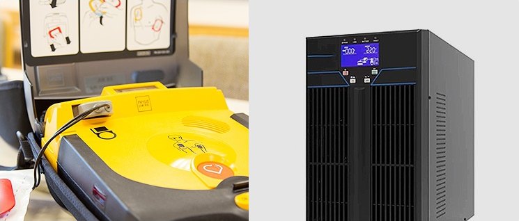 جهاز مزيل الرجفان الخارجي الآلي (AED) باللون الأصفر وجهاز التزويد المستمر بالطاقة (UPS) باللون الأسود مع شاشة رقمية لنظام الأمان في عيادة APEX لجراحة التجميل