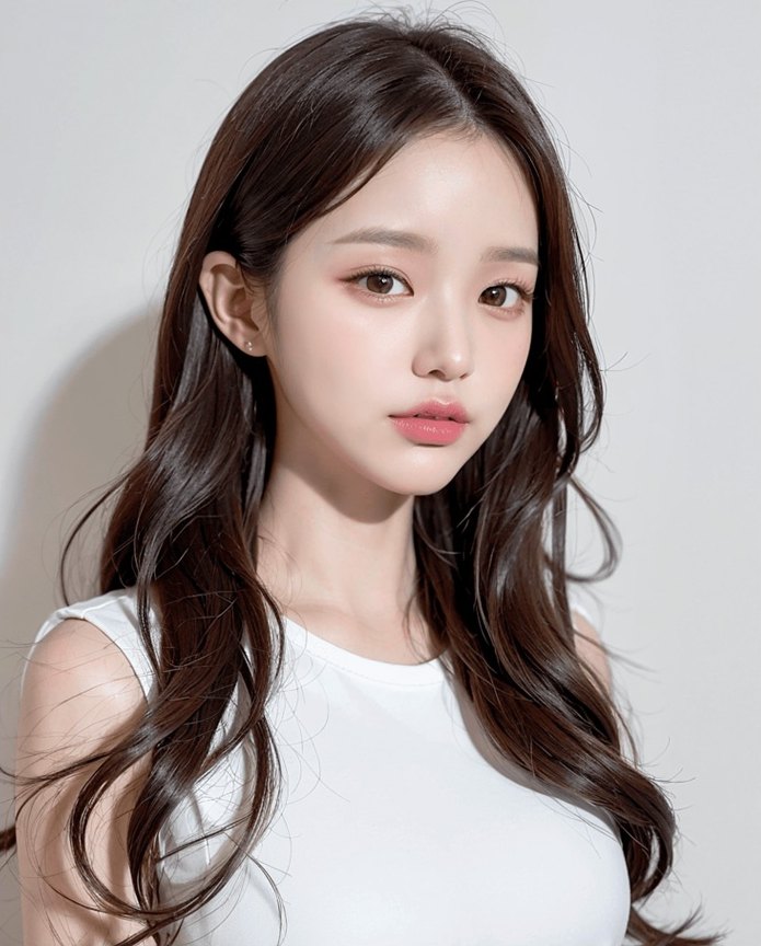 트임성형 소개 페이지의 또렷하고 자연스러운 눈매와 긴 웨이브 헤어스타일을 한 여성 모델 상반신 모습